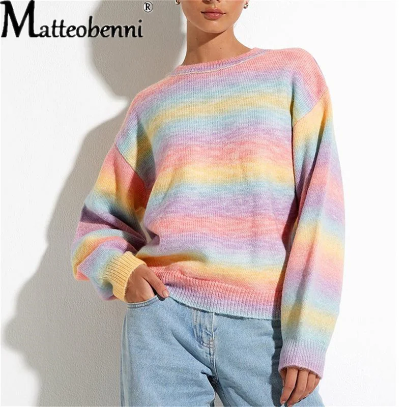 2022 Autumn Women New Rainbow Sweaters Tie Dye Striped Pullover O-Neck Long Sleeve Loose Casual Jumpers Candy Color Female Tops korean fashion all match patchwork sweaters jumpers men s 2022 winter new casual loose wool warm knited turtleneck pullovers top