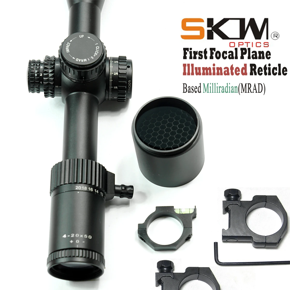 

SKWoptics Rifle Scope, FFP 4-20x50 -MIL-B, 30mm Rings Hunting Scope, Long Range with Flashkiller, Free Shipping