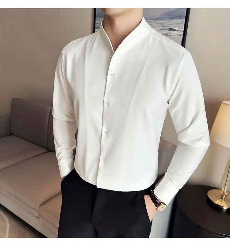 Plus Size 4XL-M New Sexy V-neck Shirt Men Long Sleeve Solid Slim Fit Casual Business Dress Shirt Social Party Tuxedo Blouse