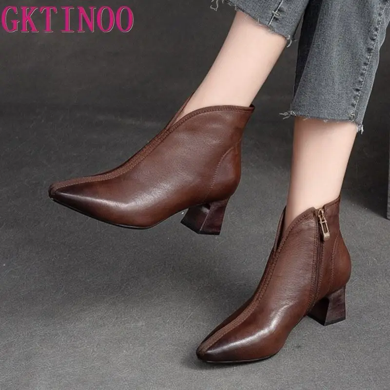 

GKTINOO Fashion Women Boots Autumn Winter Shoes Soft Bottom Genuine Leather Square Heel Pointed Toe Boots Women Casual Boot 40