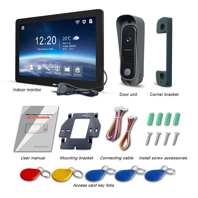 Tuya Wireless IPS 10 " touch screen 1080P camera video intercom kit, with mobile detection, ID access control unlocking, 6