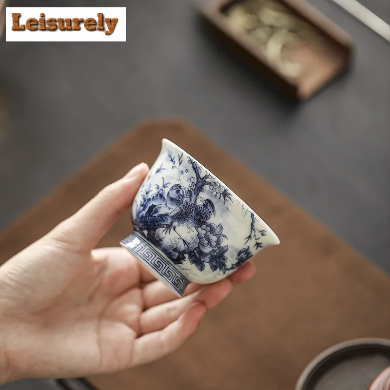90ml Antique Blue And White Tea Cup Ink Flower And Bird Meditation Master Cup Tasting Guest Cup Personal Tea Bowl Kung Fu Teaset