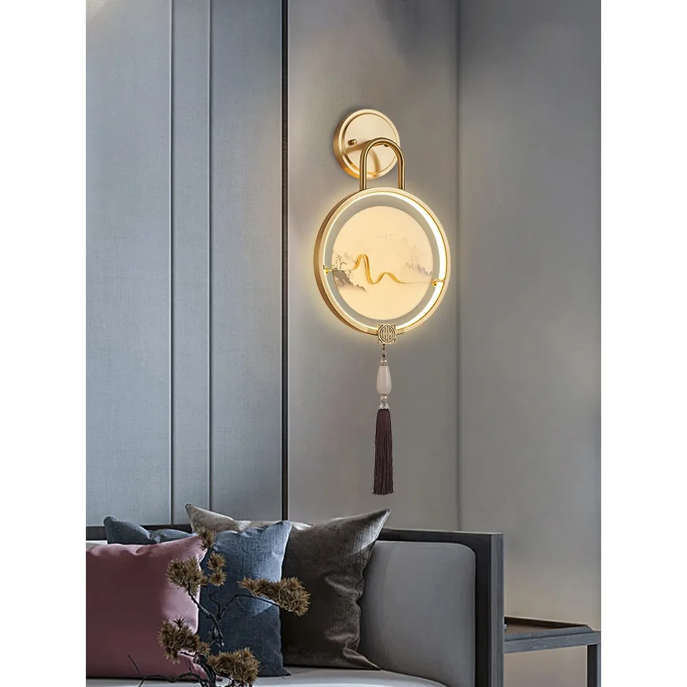 

New Chinese style wall lamp, all copper, high-end Chinese style Zen style bedroom, bedside lamp, tea room, study, enamel colored