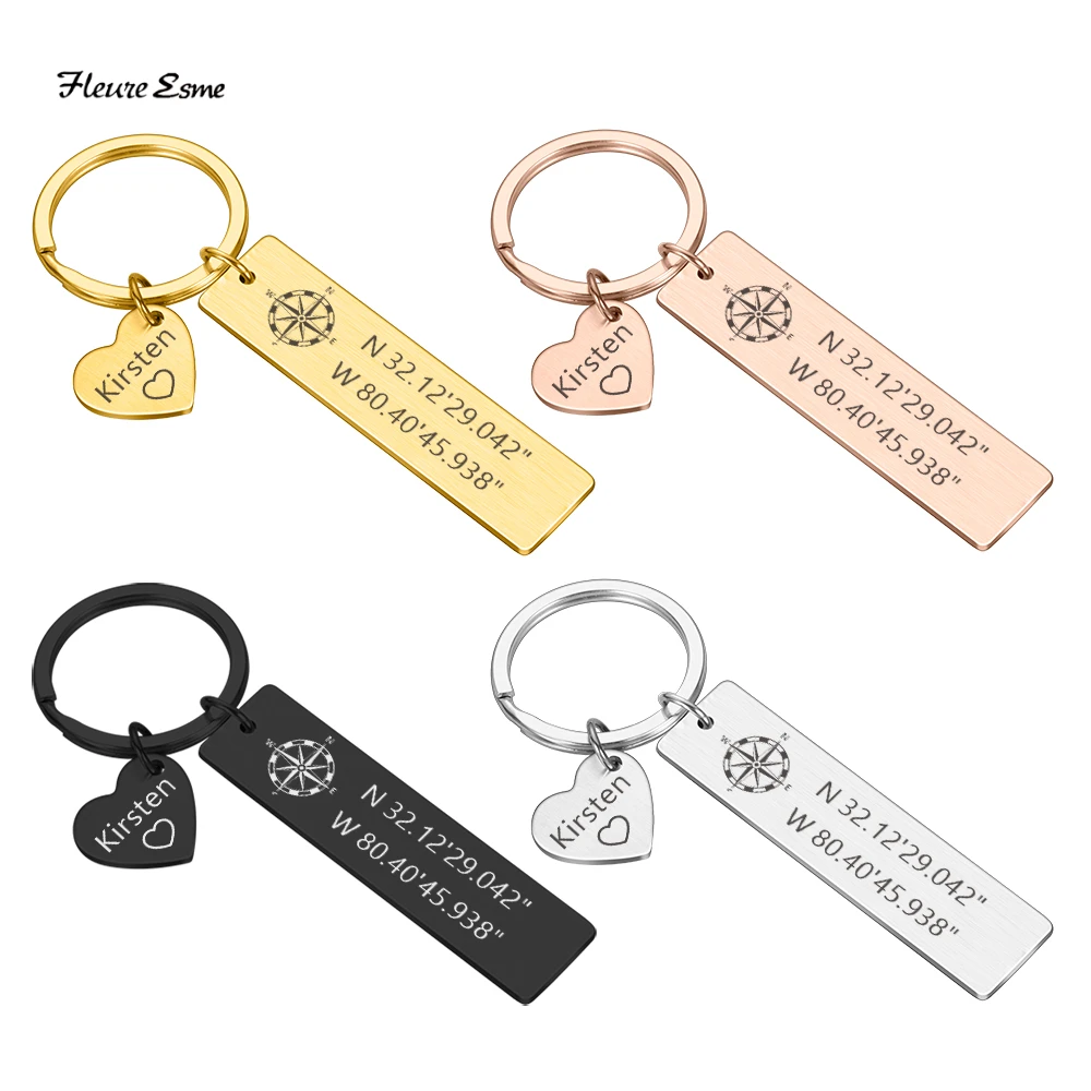 

Key Chain Gift for Boyfriend and Girlfriend Pretty Customized Name and Longitude and Latitude Keyring for Long Distance Couple