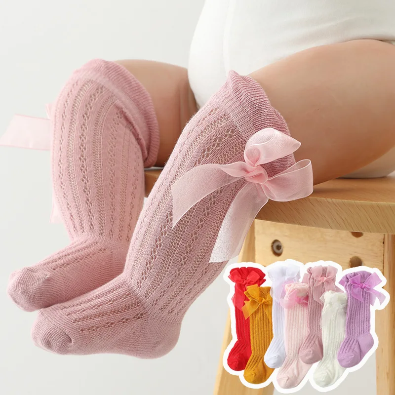 

Summer Baby Girls Socks Toddlers Bow Long Sock Kids Knee High Soft Cotton Mesh Spanish Style Hollow Out Lace Stocking 0-12Months