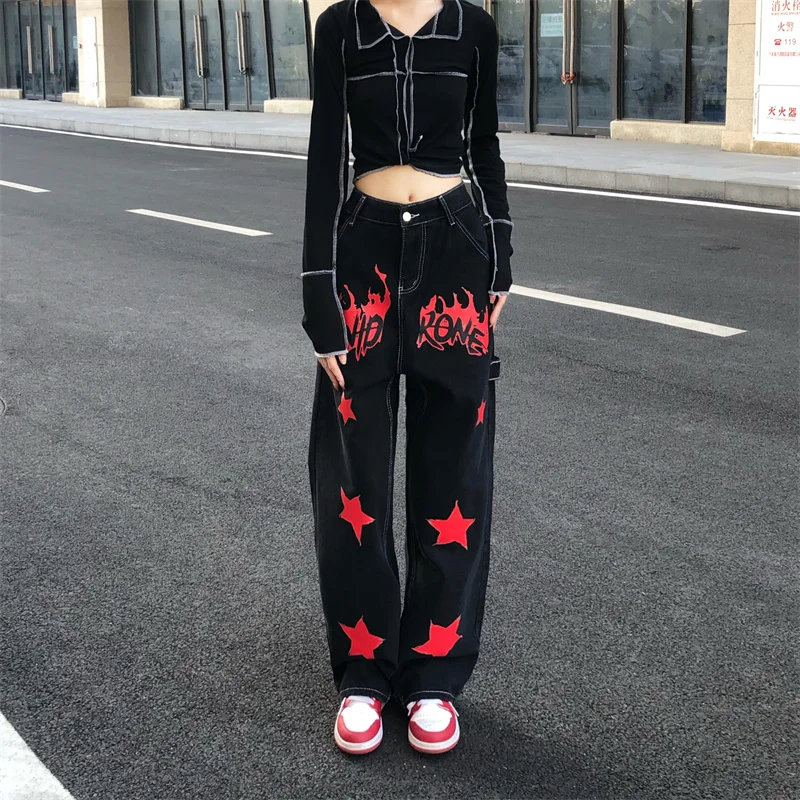 

New Spring Jeans Unisex Vintage Flame Star Print Denim Trousers Cotton Women Streetwear Wash Pattern Wide Leg Straight Pants Men