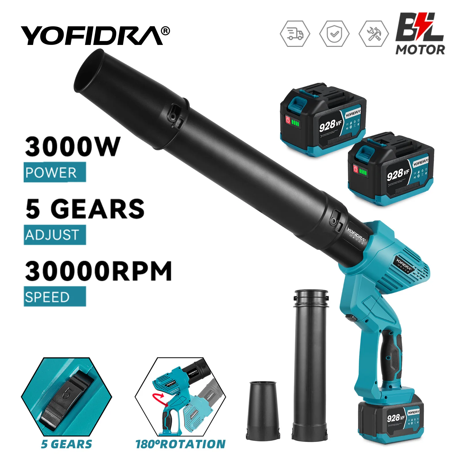 YOFIDRA 3000W Electric Air Blower 2 IN 1 Turbo Blower Fan Leaf  Dust Snow Blowing Clean Tool For Makita 18V Battery Pin