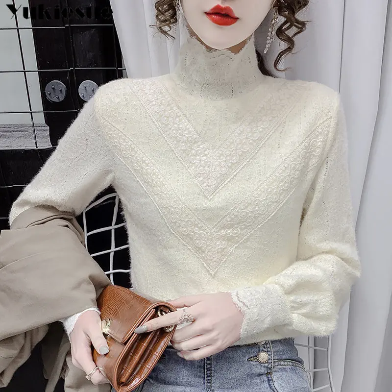 

Элегантная Женская осенне-зимняя облегающая Повседневная модная рубашка в стиле Харадзюку, теплая плюшевая кружевная рубашка с волнистыми краями и стоячим воротником, улучшенное чувство