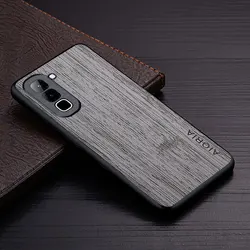 Infinix Wood Grain Vegan Leather Phone Case for Infinix Hot 70 (Light Gray)