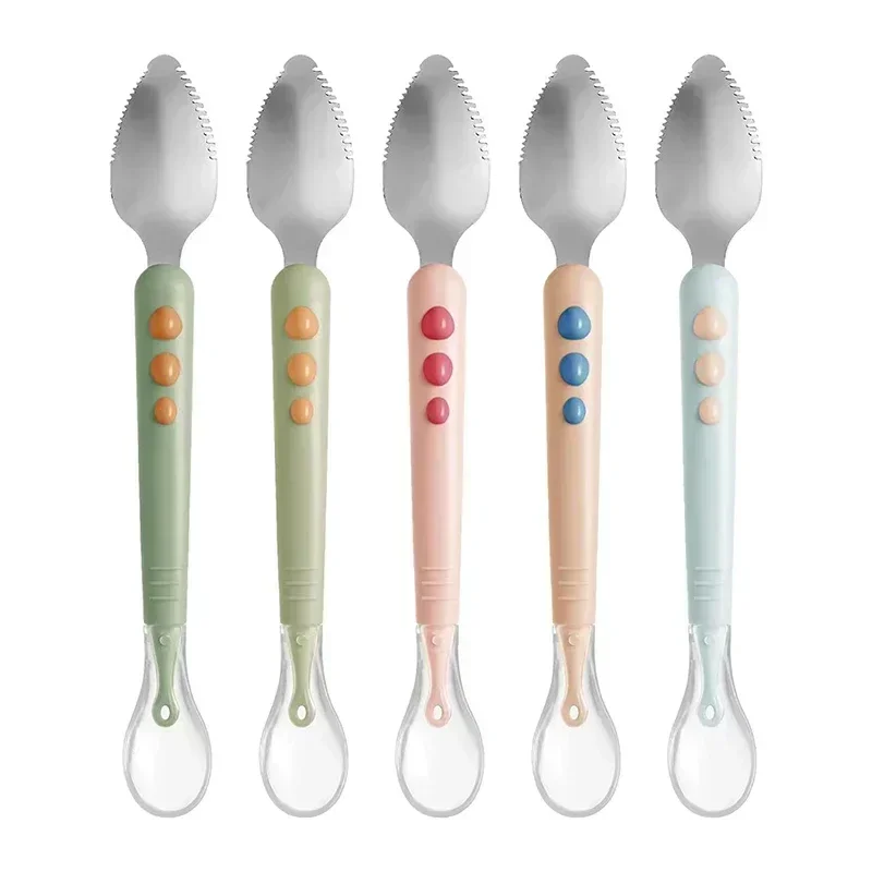 Baby Fruit Scraping Mud Spoon Double Head Silicone Stainless Steel Children Utensil Toddler Infant Food Feeding Tableware