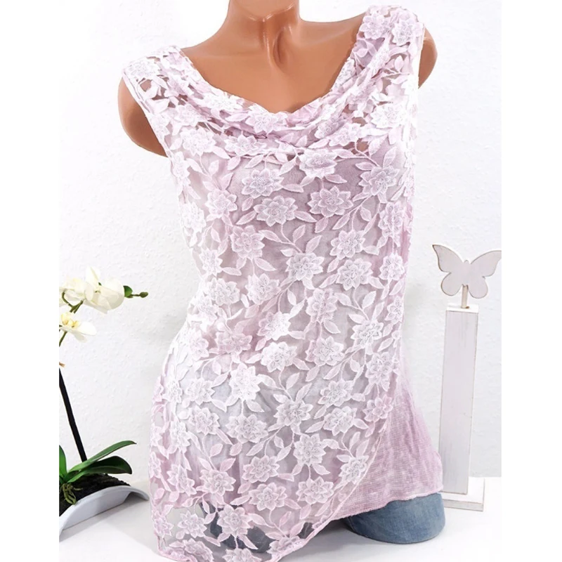 

Summer Lace Fashion Shirt with Flowers Sleeveless Elegant Blouse for Woman O Neck Casual New Fashion Chiffon Tops Blusas 26400