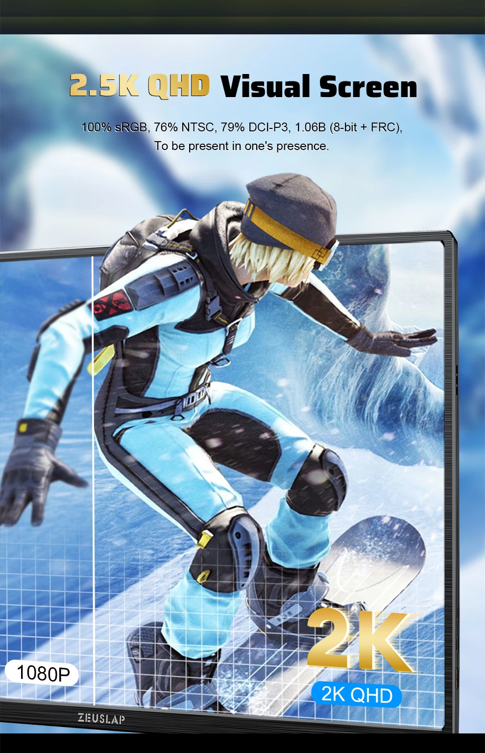ZEUSLAP 16" 2,5K 144 Hz Tragbarer Monitor 2560*1600 16:10 100 % sRGB 500Cd/m² Reise-Gaming-Display für Laptop Switch PS4 Ps5 Xbox