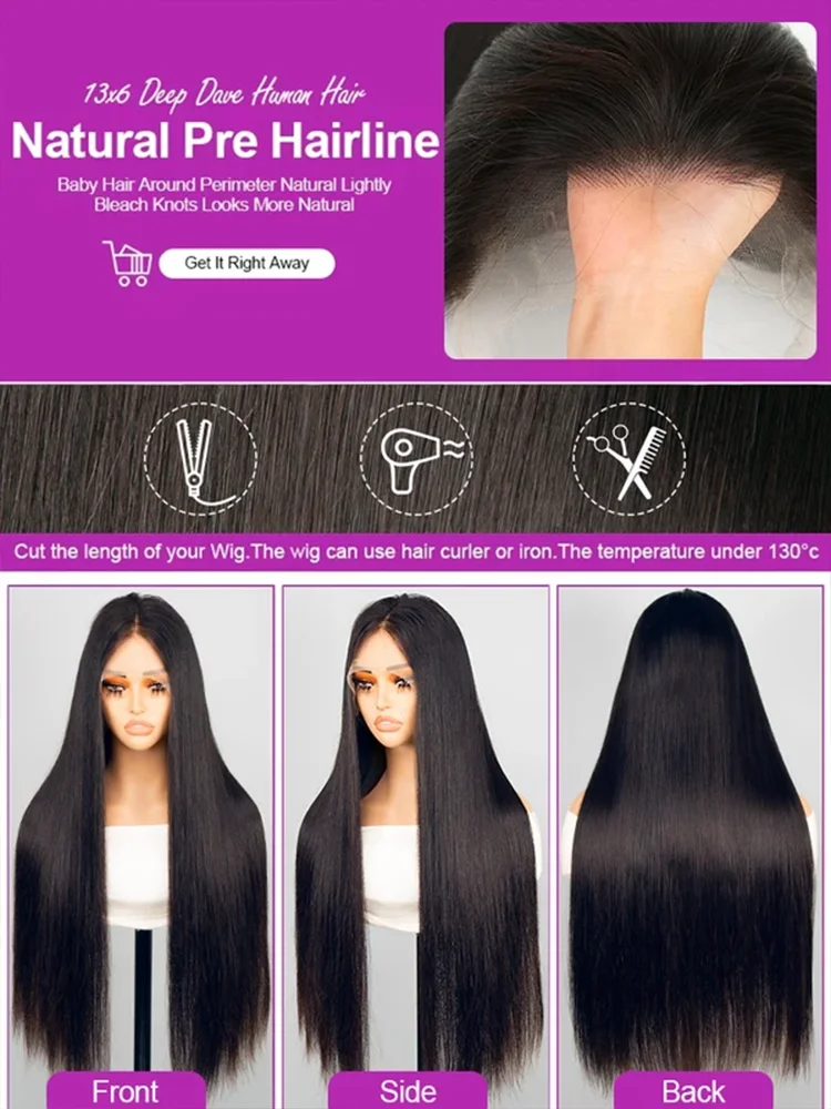 250 Density 13x4 HD Lace Front Straight Wig Human Hair Natural Color Pre Plucked Glueless Wig for Women