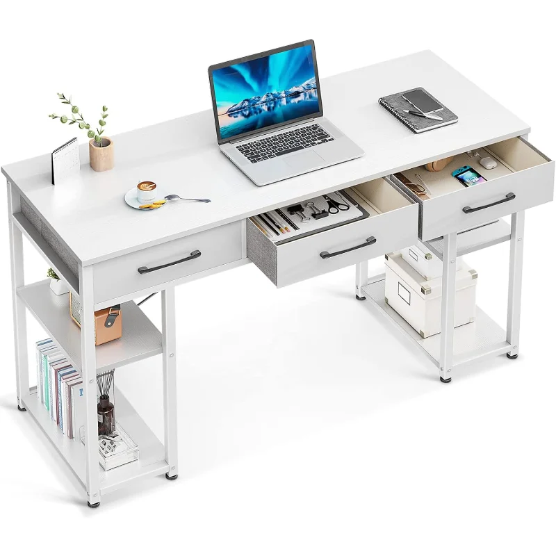 

ODK Office Small Computer Desk: Home Table with Fabric Drawers & Storage Shelves, Modern Writing Desk, White, 48"x16"