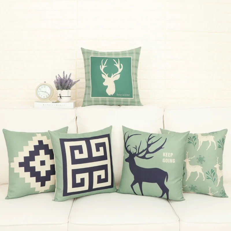 

45x45cm Green Sofa Cushion Cover Elk Head Print Comfortable Dark Bluer Pillowcase Living Room Home Decoration Pillow Cases