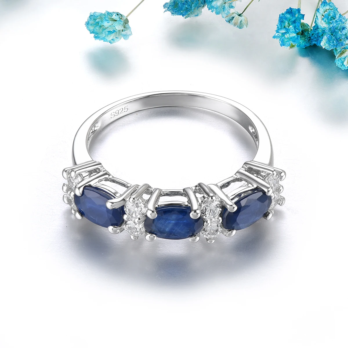 Anéis de Safira Azul Natural para Mulheres, Safira Preciosa Genuína, Prata Esterlina Sólida, Joalheria Fina Clássica, 1,8 Quilates, Design S925