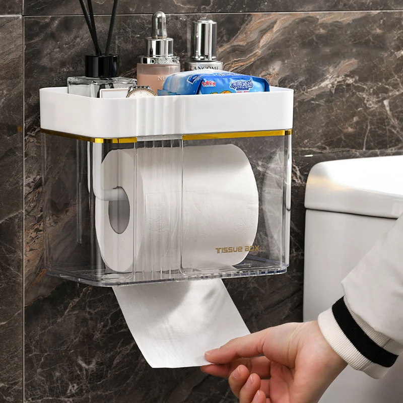 

Toilet Tissue Box Multifunctional Wall Mounted Tissue Case Punch Free Roll Paper Storage Rack Bathroom Waterproof Tissue Box