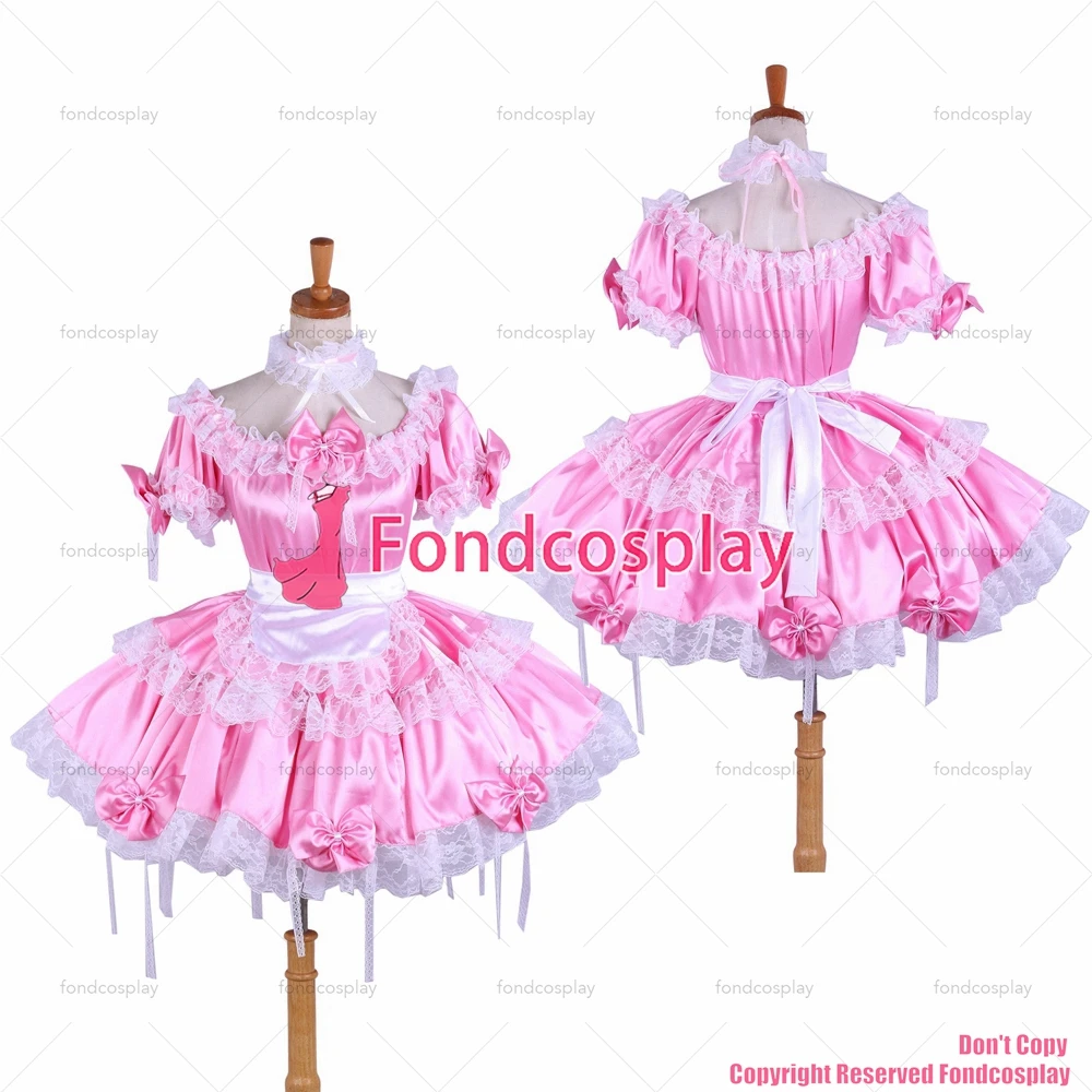 

Сексуальная одежда для взрослых с крестом fondcosplay, блестящее короткое розовое атласное платье с замком, Униформа, белый фартук, костюм для CD/TV[G1620]