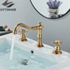 Uythner Black Basin Faucet Dual Handles Bathroom Tub Faucet Deck Mounted Hot and Cold Water Mixer Basin Tap Widespread 3 Holes 1