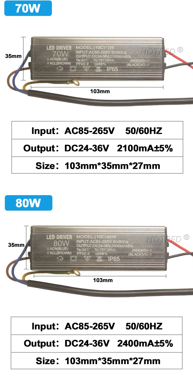 LED Driver 10W 20W 30W50W 70W 80W100W Adapter Transformer AC85V-265V to DC24-36V IP65 Power Supply 300mA 600mA900mA 1500/2100mA