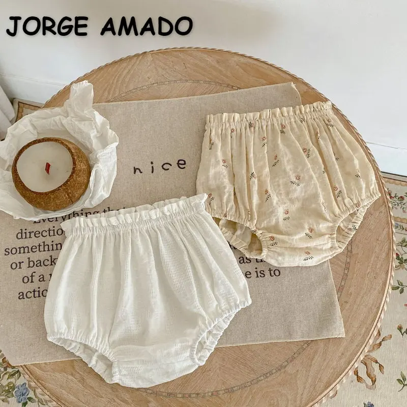 New Summer Baby Girl Boy Shorts Beige Apricot Floral High Waist Diaper Covers Stringy Selvedge PP Pants Children Clothes E24070
