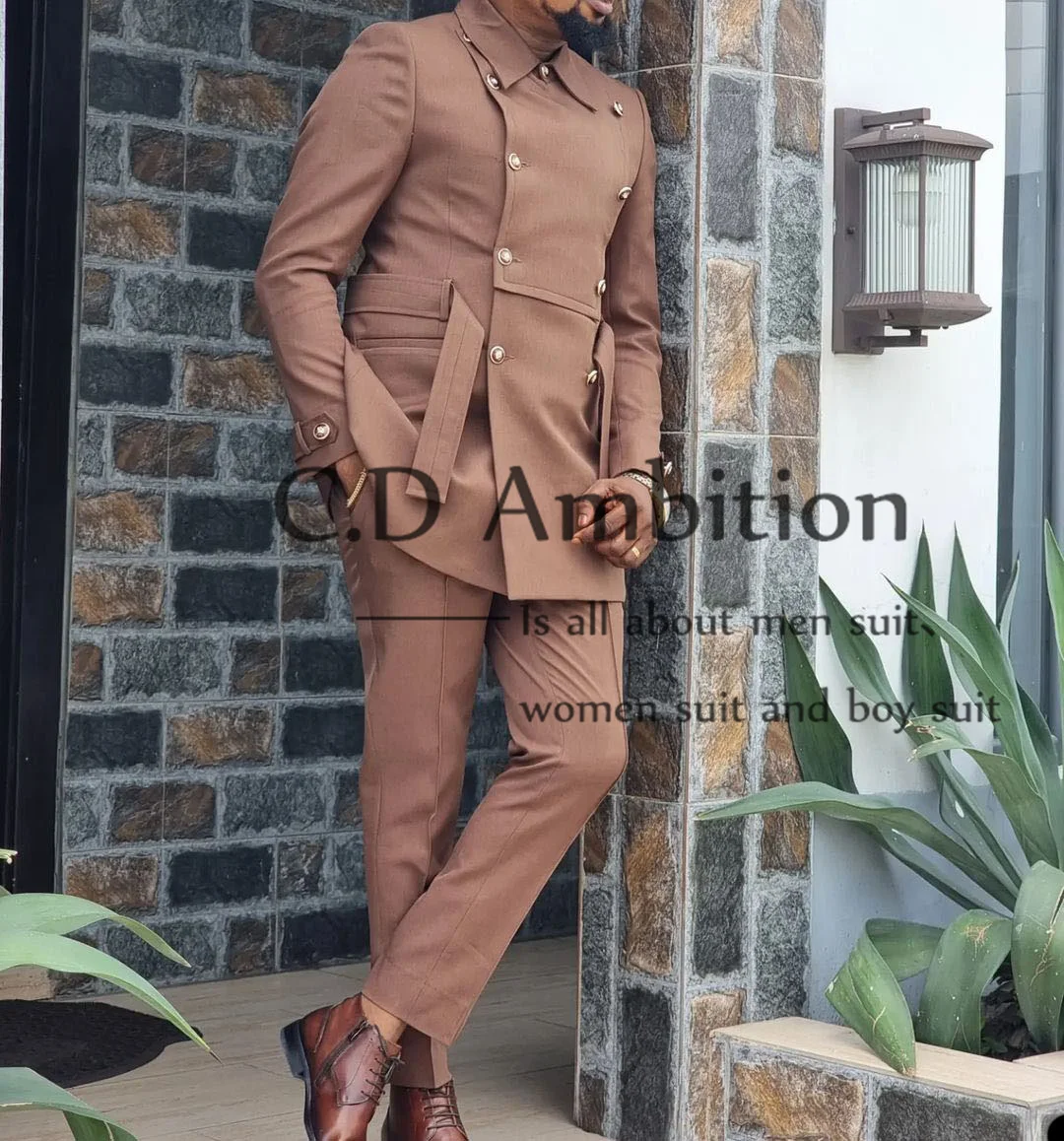 

New In 2 Pec Double Breasted Slim Fit Brown Suit For Men Turn Down Collar With Belt Formal Blazer Set Costume Homme Custom Made