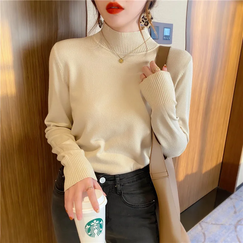 New Autumn and Winter Women's Semi-turtleneck Sweater Fashion Long-sleeved Solid Color Knitted Bottoming Shirt Soft Inner Top