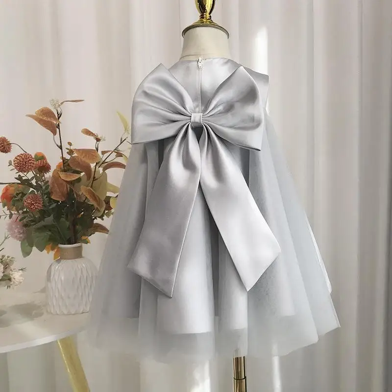 

Baby Girls Champagne Beaded Empire Flower Girl Dress for Wedding Gray Tulle 1st Birthday Ceremonial Bow Gown for Toddler Kids