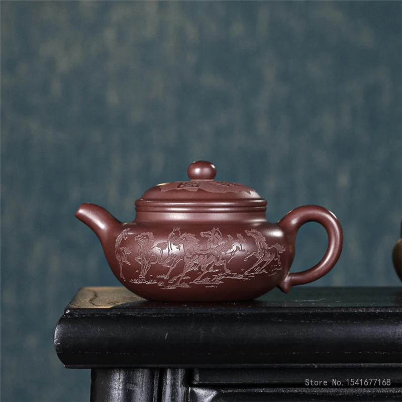 350CC Handmade Kettle Yixing Purple Clay Carving Patterns of Eight Horses Teapot Puer Tea Set Kung Fu Zisha Teaware Chinese, 1Pc