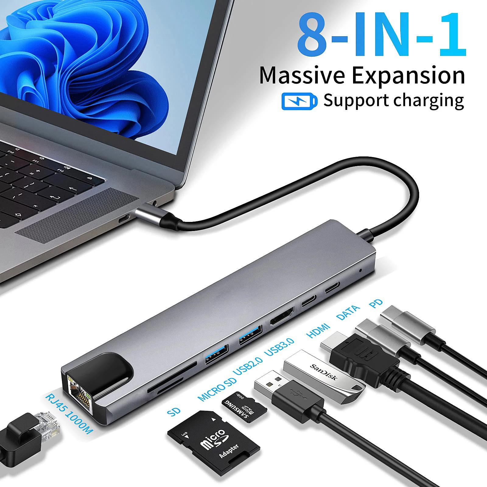 Hub Usb em tipo c a 4k Hdmi Rj45 Leitor de Cartão sd tf Carregador Rápido para Macbook Notebook Windows Laptop Computador