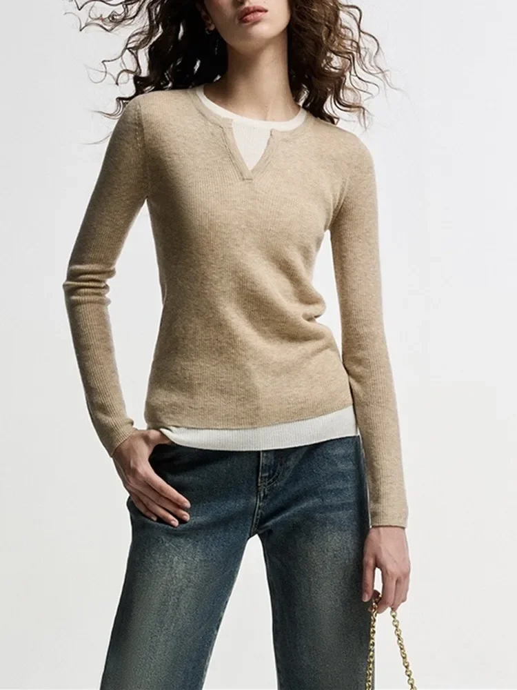 

Women Knitted Pullover Spliced O-Neck Slim Simple Fall Winter Fake Two Pieces Sweater