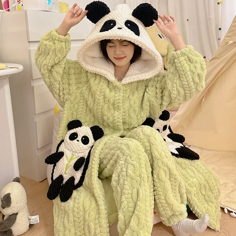 

Winter Lovely Panda Pajamas Long Night-robe Women Sleepwear Hooded Thick Pyjamas Velvet Pajama Set Two-Piece Pijama Mujer