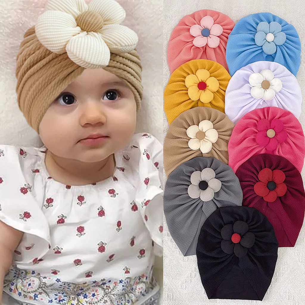 Cute Flower Baby Girl Indian Hat Solid Color Newborn Infant Cap Beanies Headwrap Kids Hat Turban Bonnet Hair Accessories