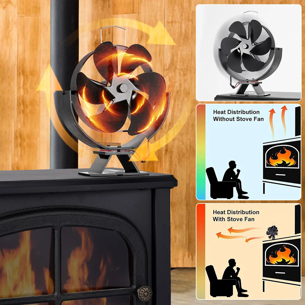 Fireplace Fan 6 Blades 360&deg; Rotating Heat Powered Fan Quiet Efficient Heat Distribution For Wood Log Burner Winter Warmer