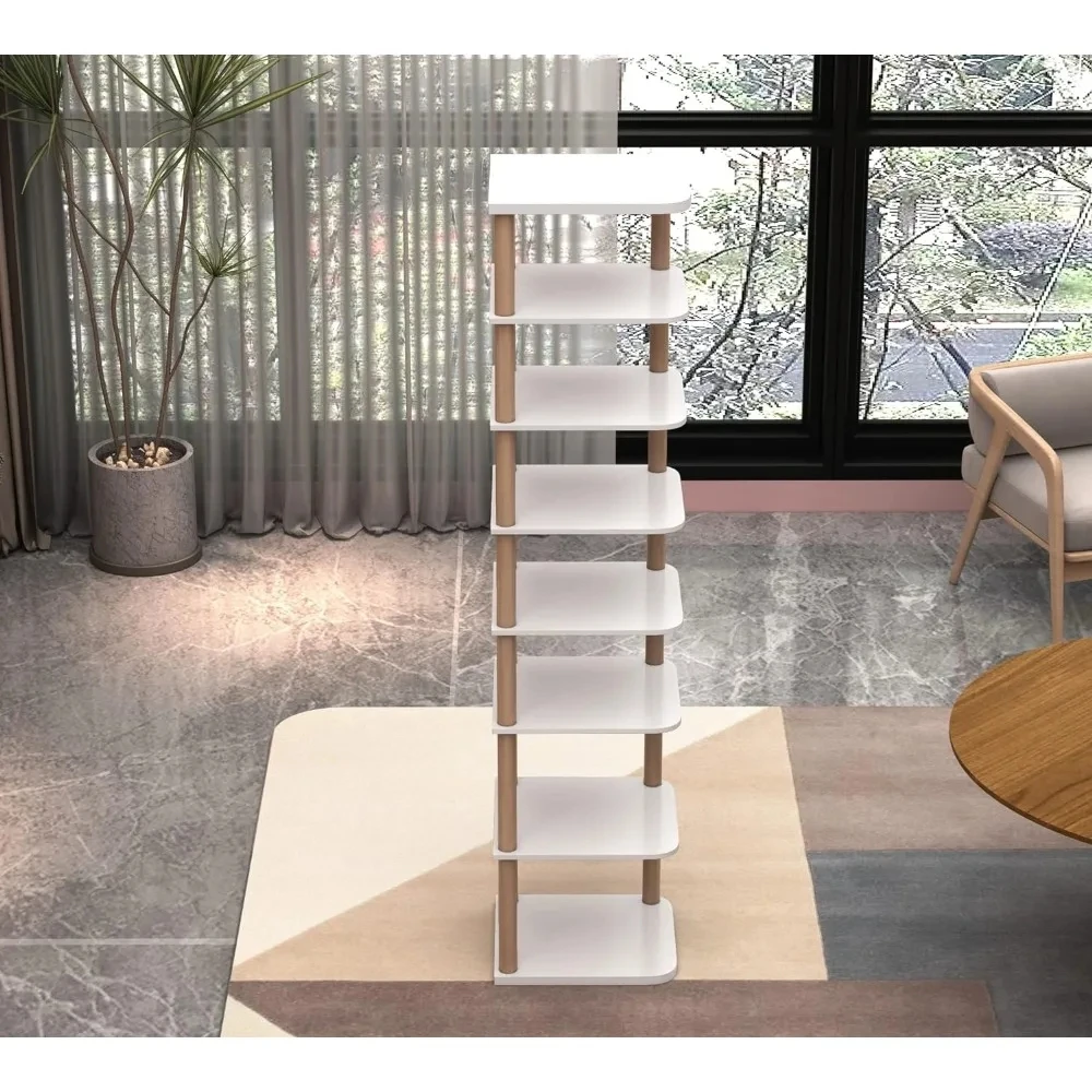 Household 8 Tiers Vertical Shoe Rack Narrow Organizer Stylish Wooden Shoe Storage Stand Space Saving Shelf Tower Shoe Rack 5