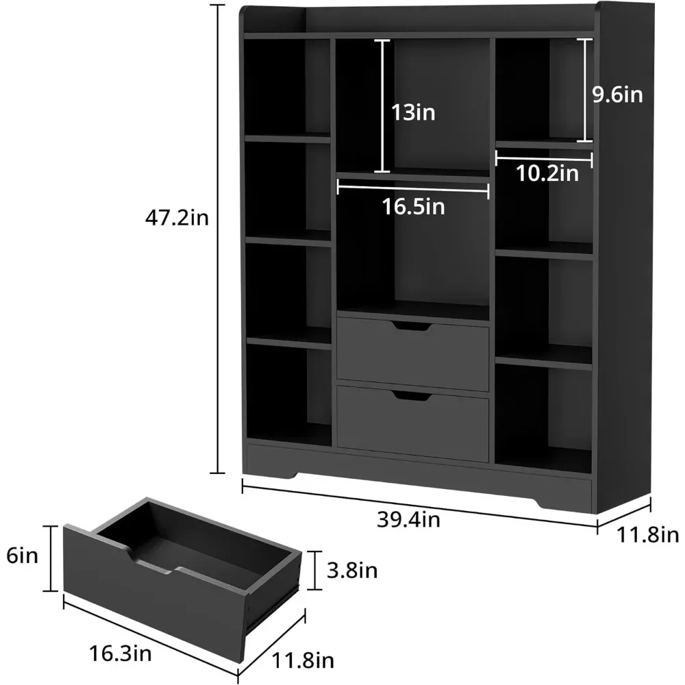 Bookshelf, 4-Tier Open Shelf Bookcase with 2 Drawers and 10 Cubes, Wood Cube Storage Organizer Shelf, 39.4" W X 47.2" H 2