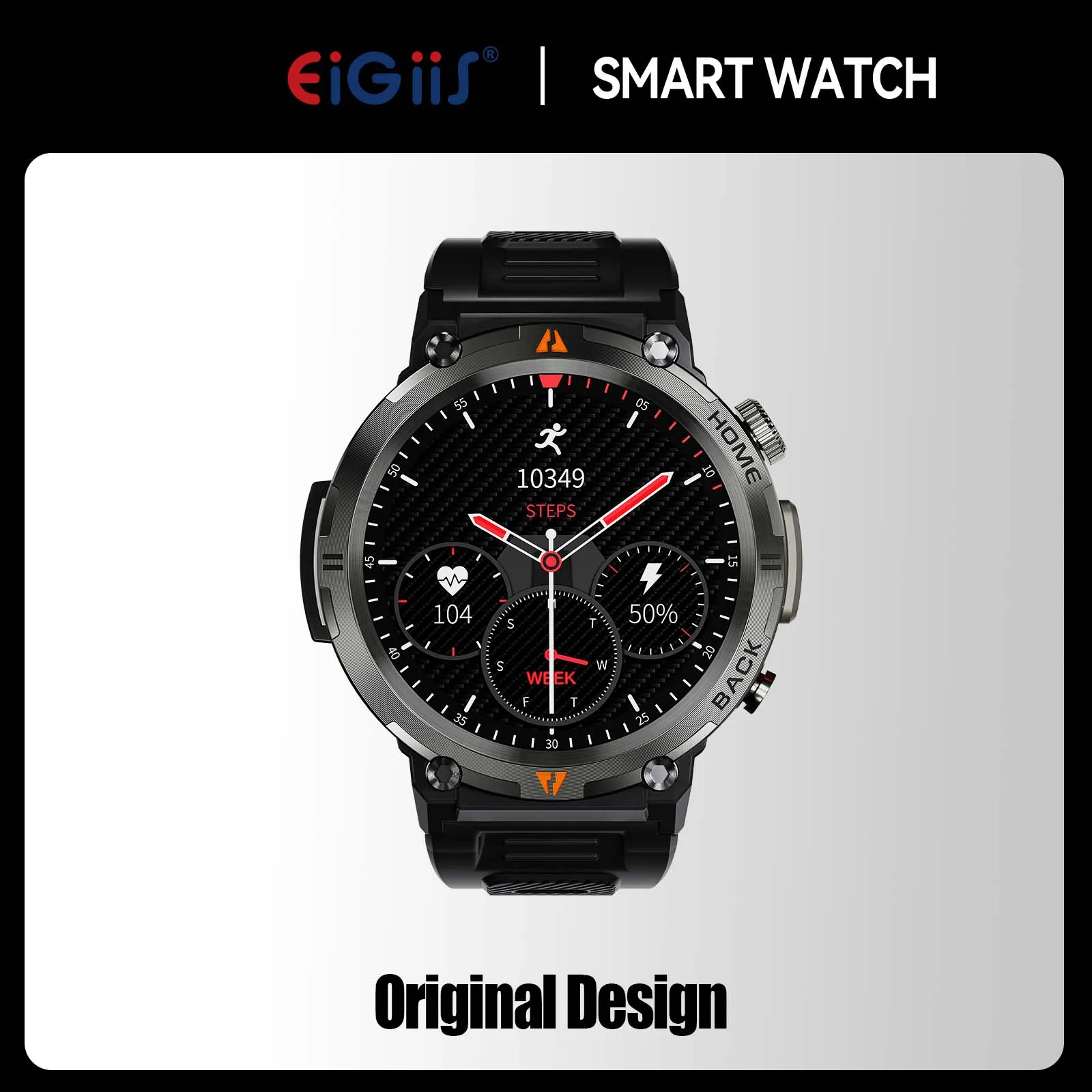 Eigiis Sports Smart Watch KE3 Black With Orange Button Accent 47mm