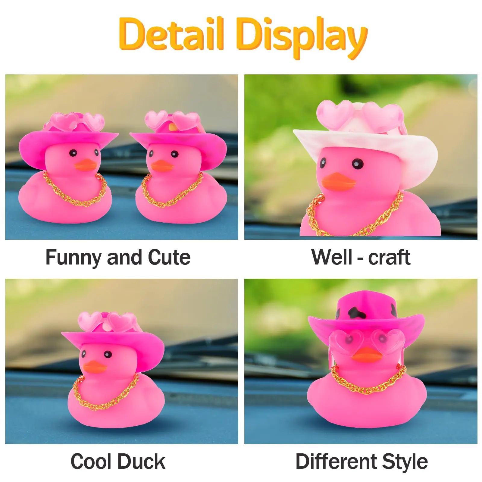 Car Cowboy Rubber Ducks, Dashboard Decorations Pink Duck for Car Ornament Accessories with Hat Heart Glasses Chain, Pink 3