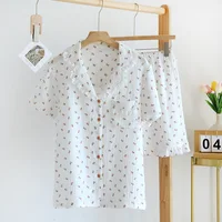 Japanese new style summer cotton short-sleeved shorts pajamas suit women double gauze cute strawberry thin home service women - Image 5
