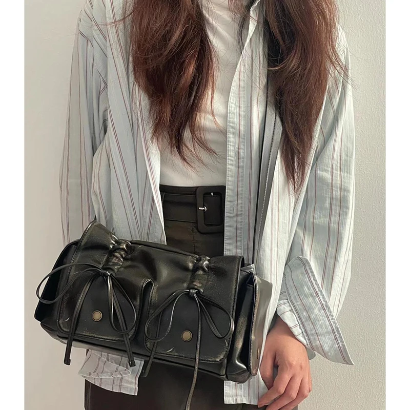 Richme Wrinkled Women Summer Bag 2024 E Girl Lacquer Leather Bow Crossbody Shoulder Bags Luxury Solid Individuality Bolso Mujer