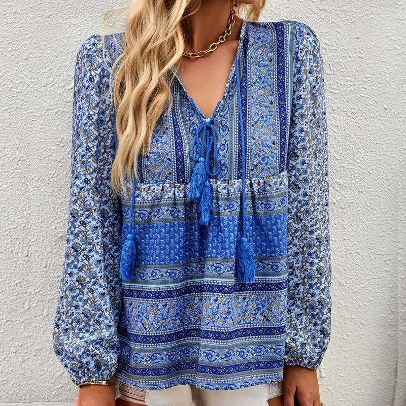 

Casual V-neck Loose Bohemian Tops Temperament Long Sleeve Shirt Spring Lace-Up Flower Print Blouse Elegant Clothes Blusas 28183