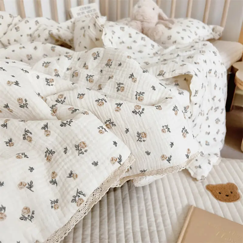 Vintage Floral Cotton Quilts for Cotton Muslin Quilted Baby Blanket Vintage Toddler Floral Blanket -Rose 120x150cm