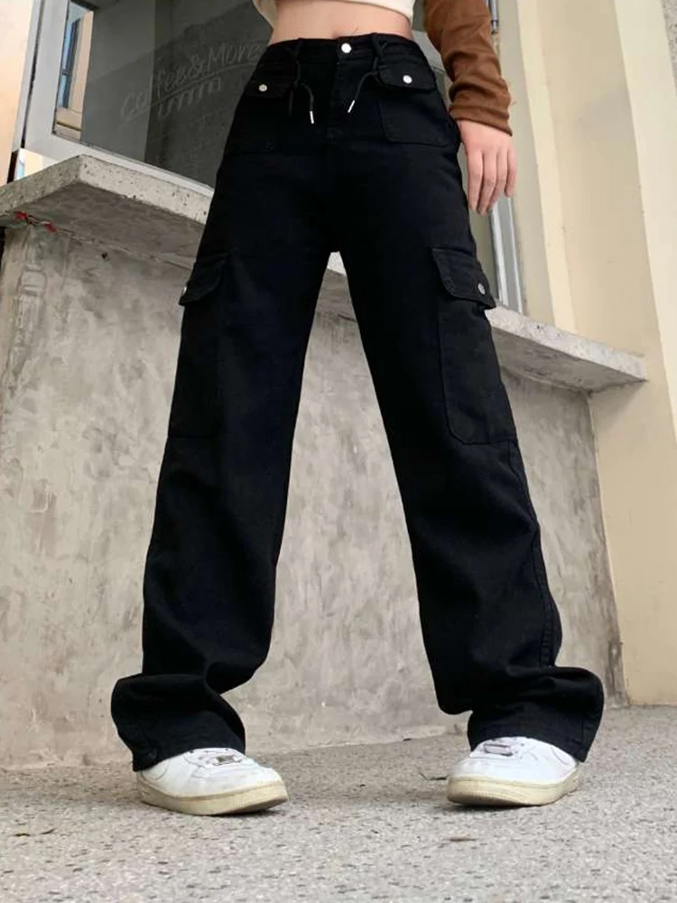 

Женские прямые джинсы с высокой талией, весенние американские черные ретро брюки на шнуровке в стиле High Street, женские свободные брюки-карго с эффектом потертости
