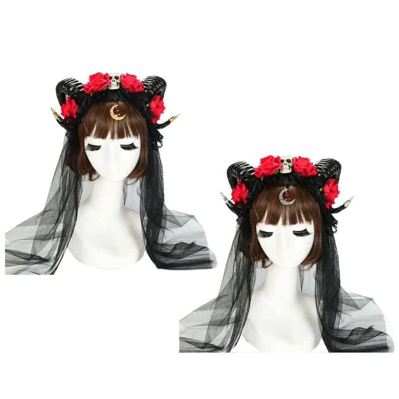 

MXMB Skull Ox Horn Headwear Flower Veil Party Prop Halloween Carnival Accessories
