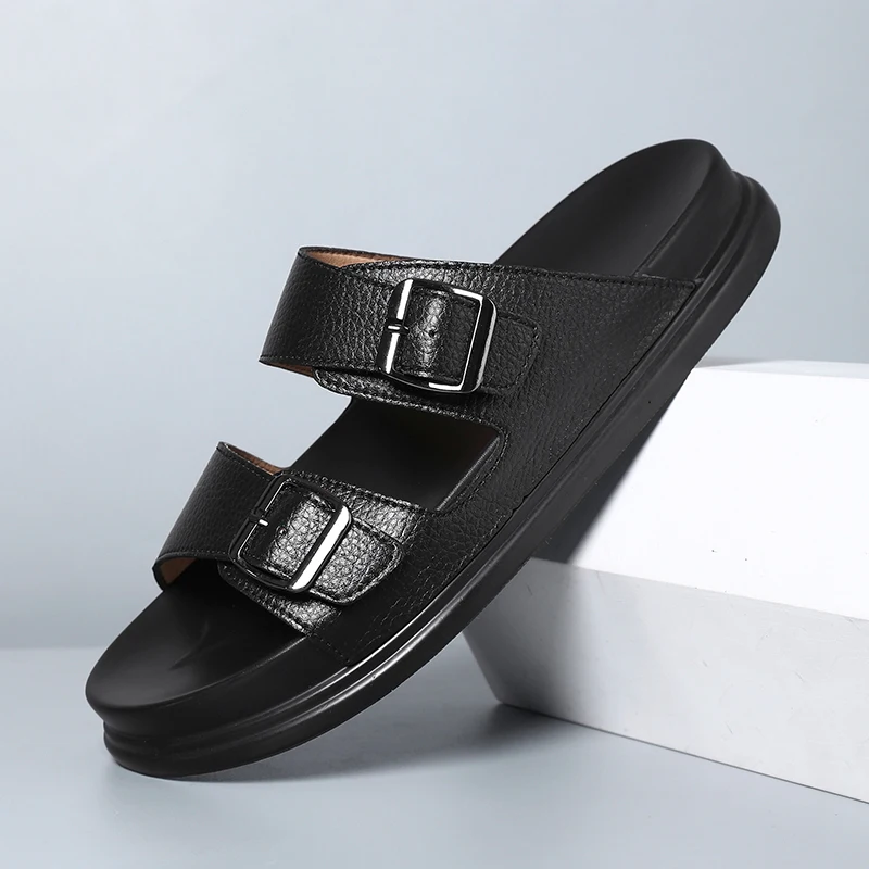 Men's Microfiber Leather Slippers External Wear Anti-slip Cool Double Button Flat Drag Beach Shoes soft slippers summer slippers anti slip sandals men shoes