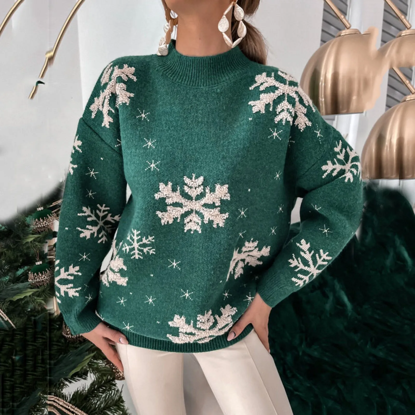 Suéteres gruesos y cálidos para mujer, suéter con estampado de copos de nieve navideños, manga larga, cuello redondo, prendas de punto informales holgadas de gran tamaño, 2024
