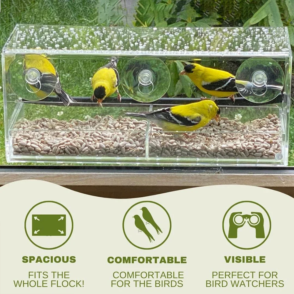 Clear Window Bird Feeder, Large Bird House for Outside with Removable Sliding Tray Birdfeeders with Drain Holes Garden Decor - Image 2