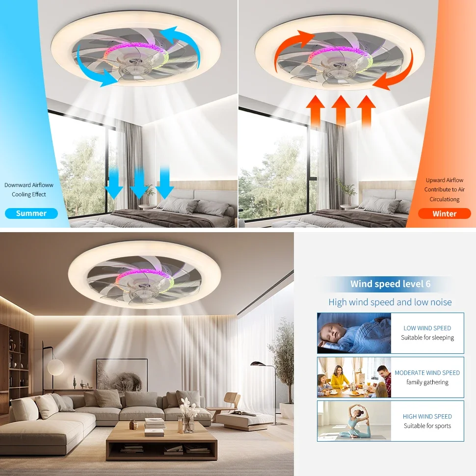 LED Circular Ceiling Fan Light Remote Control Mobile Application Controls RGB Dimming For Living Room And Bedroom Ceiling Light