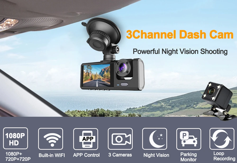 Description Picture 5 of item3 Channel Dash Cam for Cars Camera WIFI APP Car DVR 1080P Video Recorder Rear View Camera for Vehicle Black Box Car accessory
