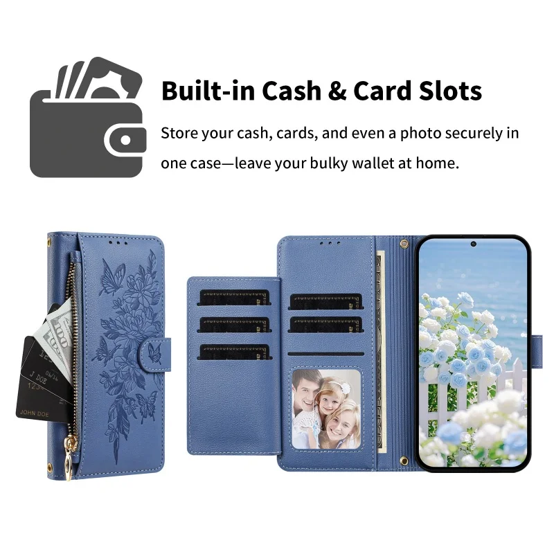 Elegant Pattern Leather Zipper Wallet Phone Case with Wrist Strap and Card Holder Cover